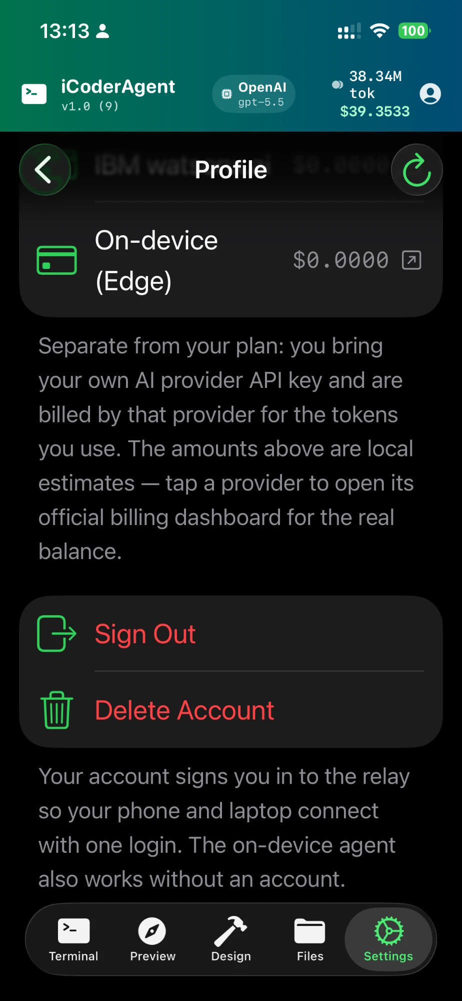 Profile screen with Sign Out and Delete Account options