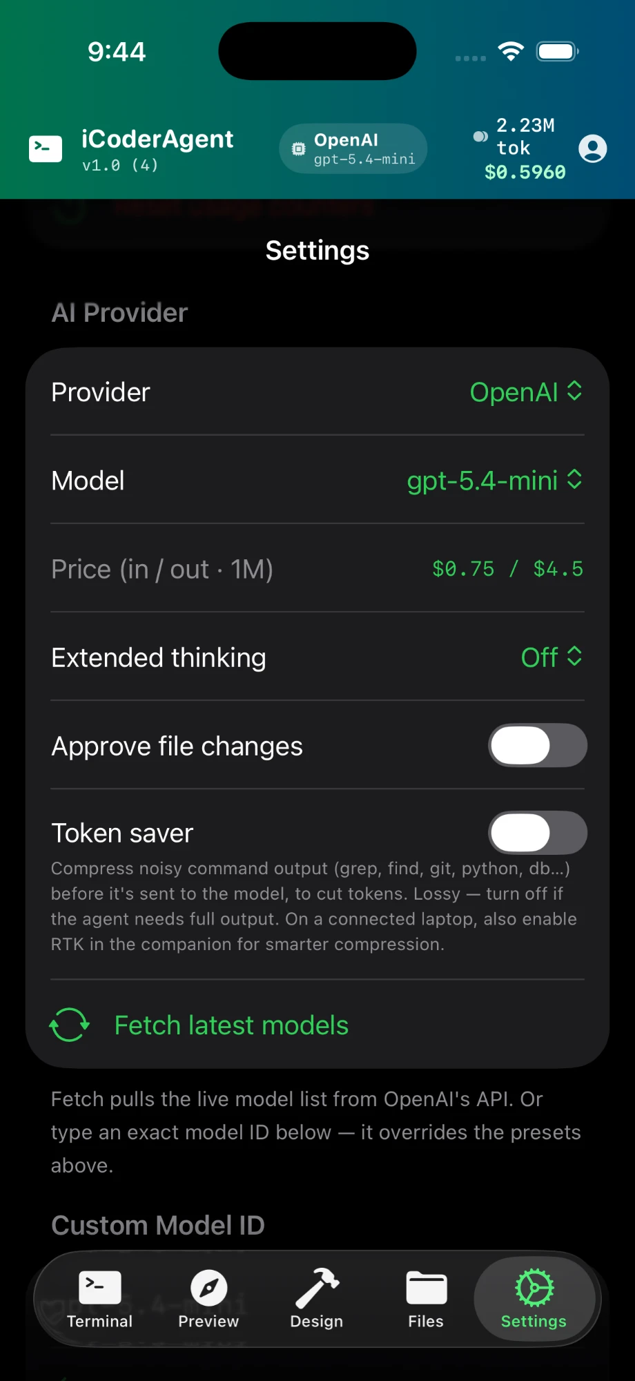 AI Provider settings — provider, model, price, extended thinking, approve file changes and token saver