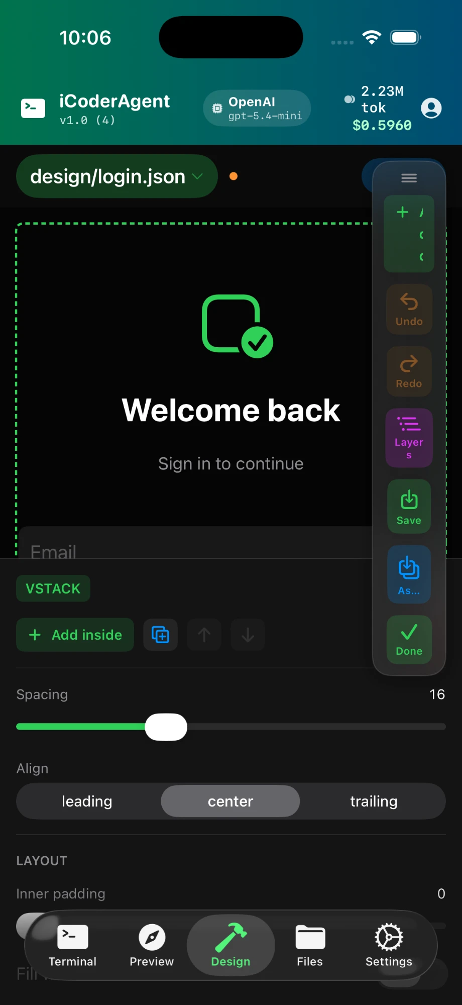 Design tab — editing a login screen with the VStack controls and tool palette