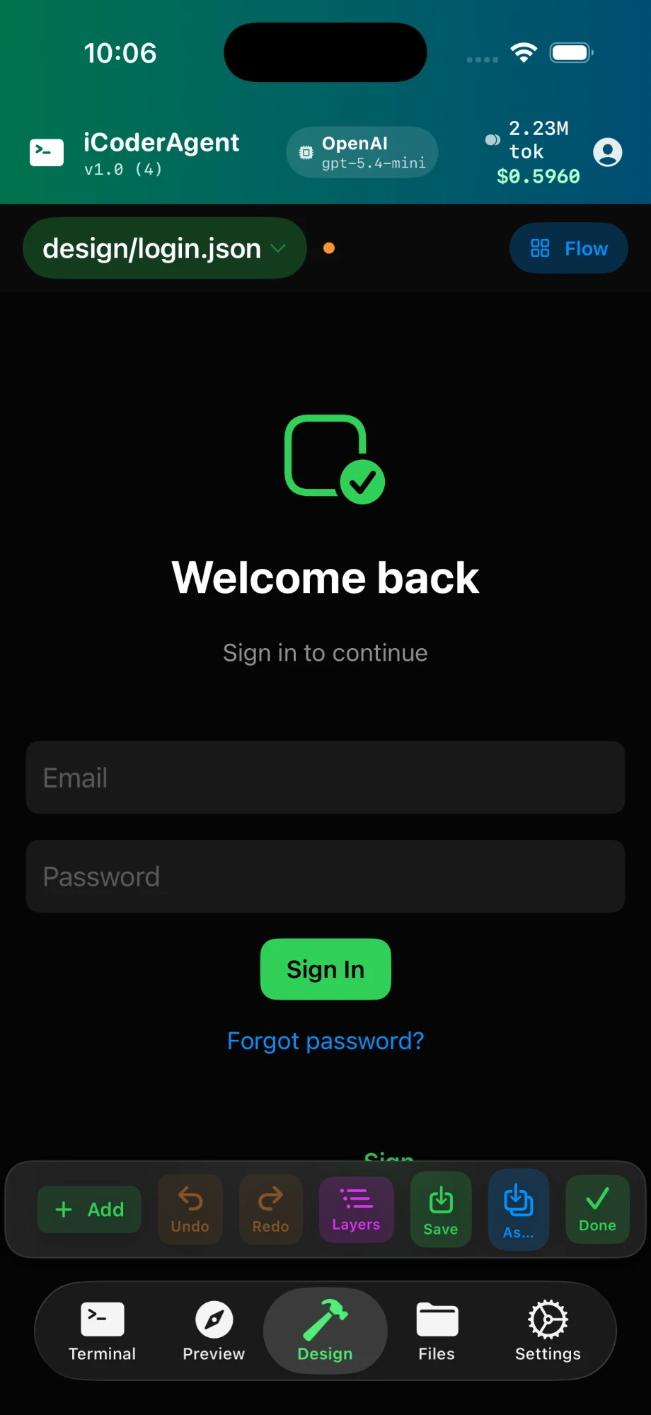 Design tab — a finished login screen