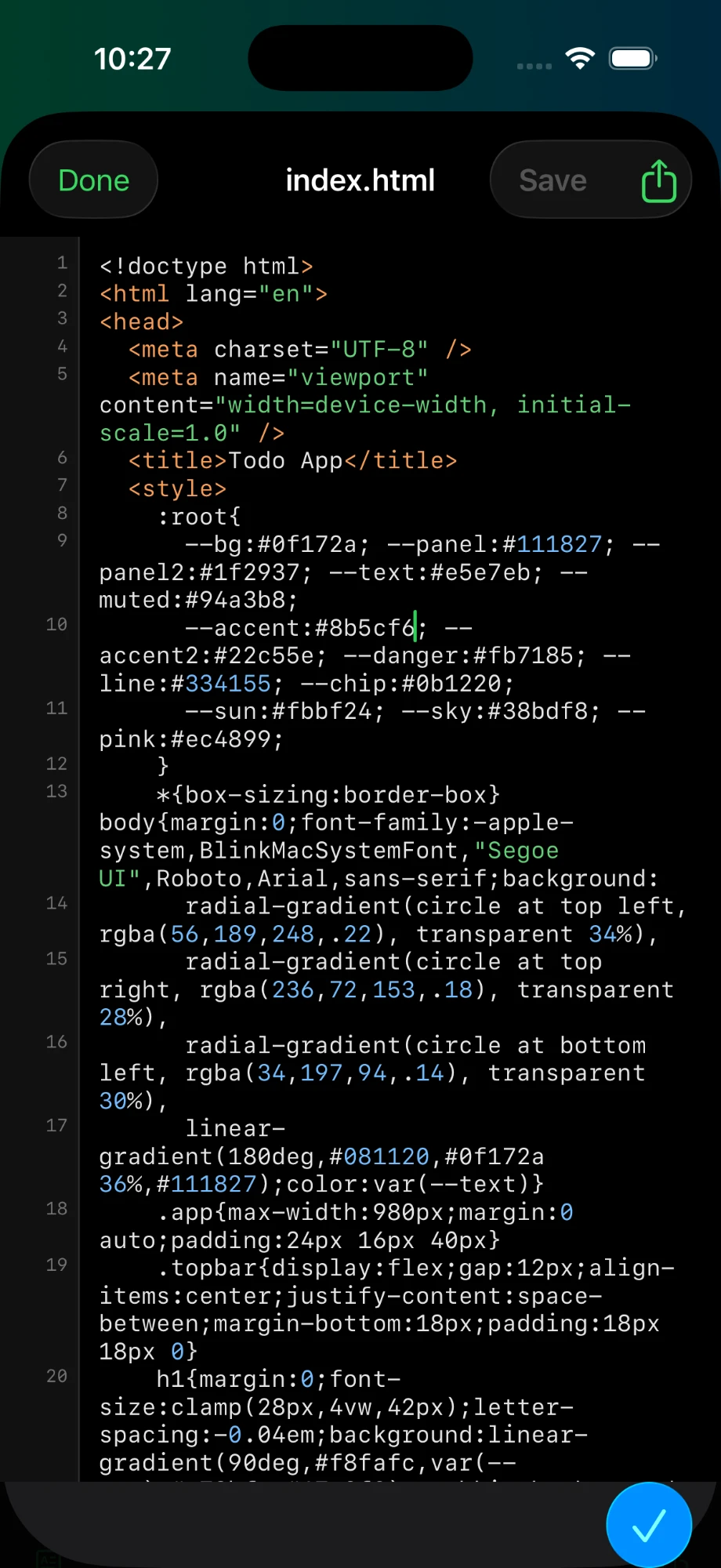 The built-in editor viewing index.html with syntax highlighting