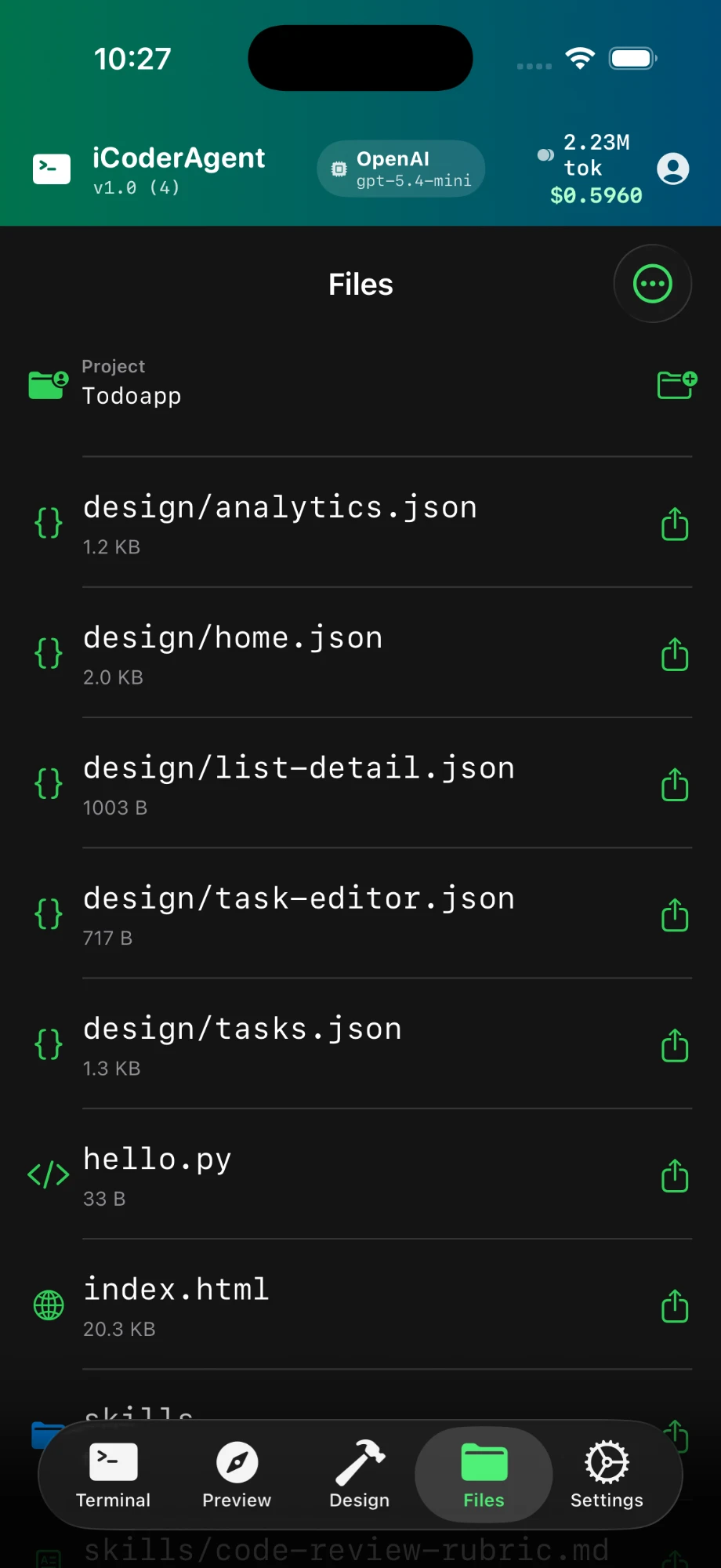 Files tab — the project's file browser