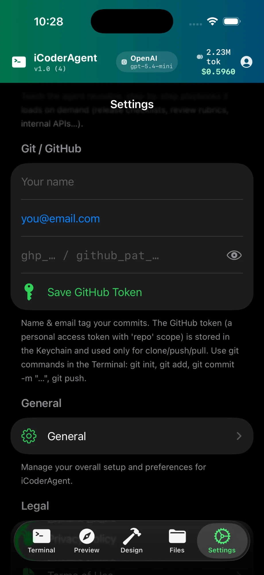 Settings — Git / GitHub, with commit identity and a GitHub token stored in the Keychain