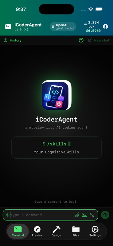 iCoderAgent Terminal tab — the home screen with the command input and the five-tab bar