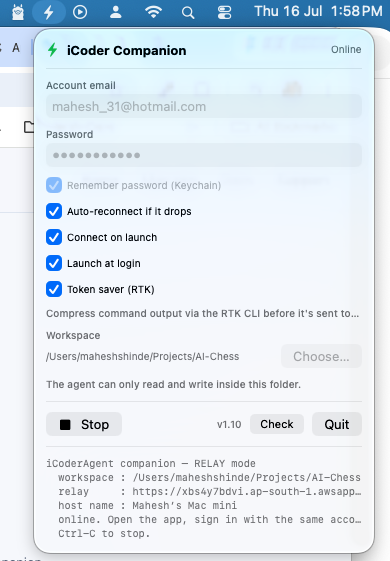 iCoder Companion menu-bar window — signed in, RELAY mode, with a chosen workspace folder