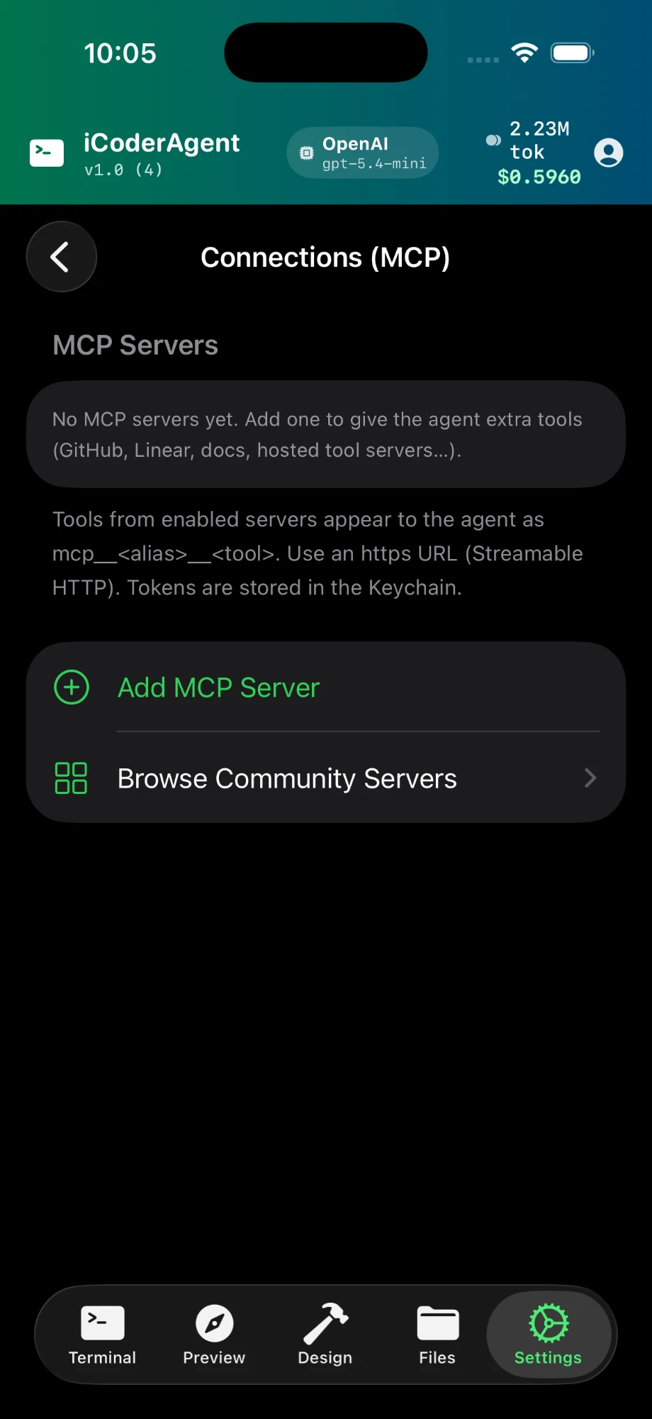 Settings — Connections (MCP), with Add MCP Server and Browse Community Servers