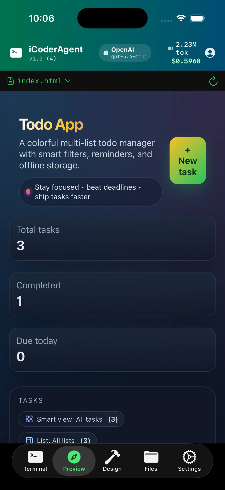 Preview tab rendering a Todo App the agent built