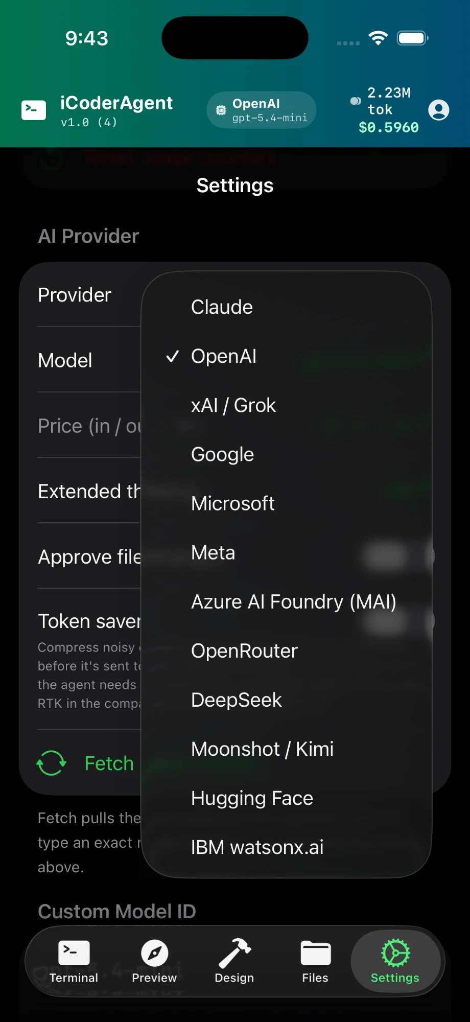 The provider picker listing Claude, OpenAI, xAI/Grok, Google, Microsoft, Meta, Azure, OpenRouter, DeepSeek, Moonshot, Hugging Face and IBM watsonx.ai
