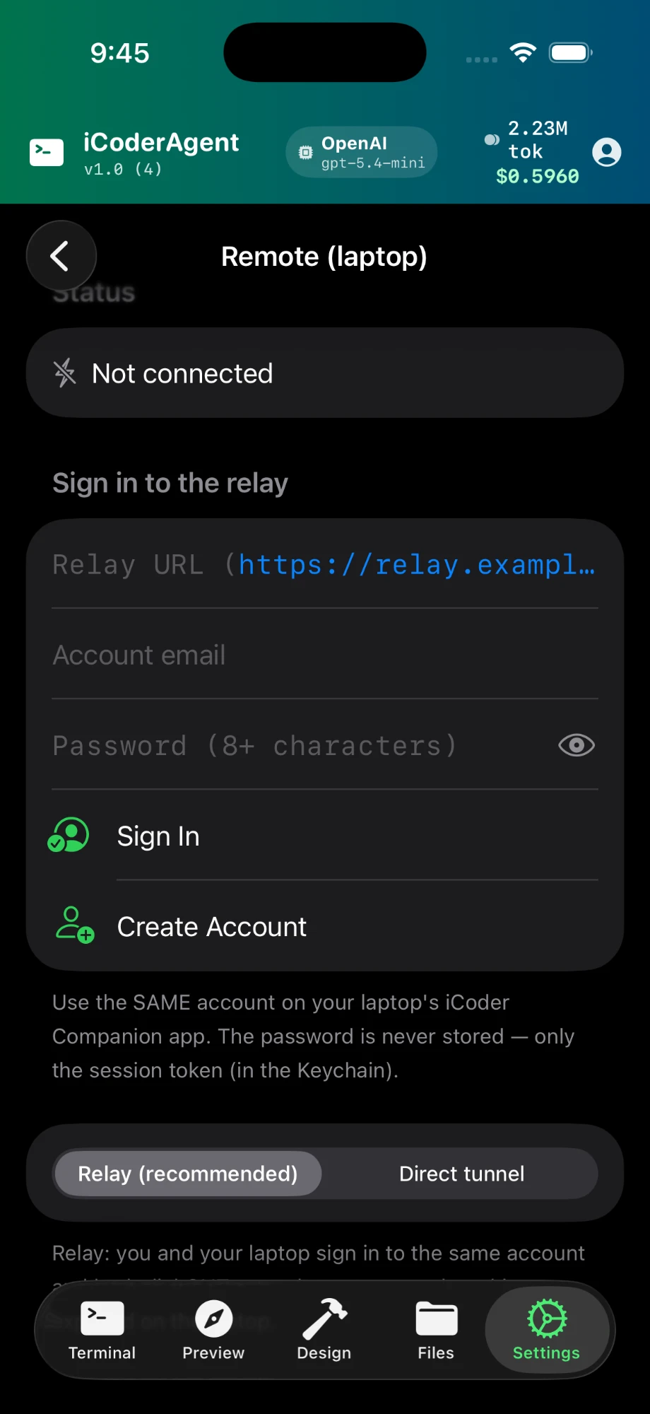 Settings — Remote (laptop), signing in to the relay with the same account as the companion