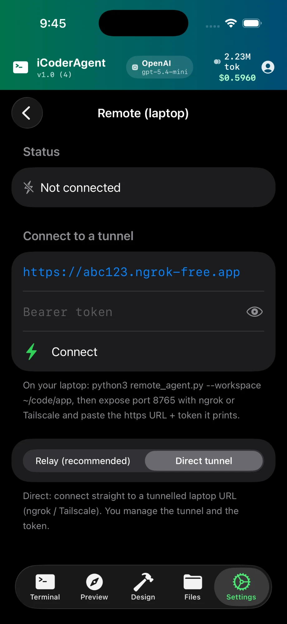 Settings — Remote (laptop), Direct tunnel mode connecting to a tunnelled laptop URL