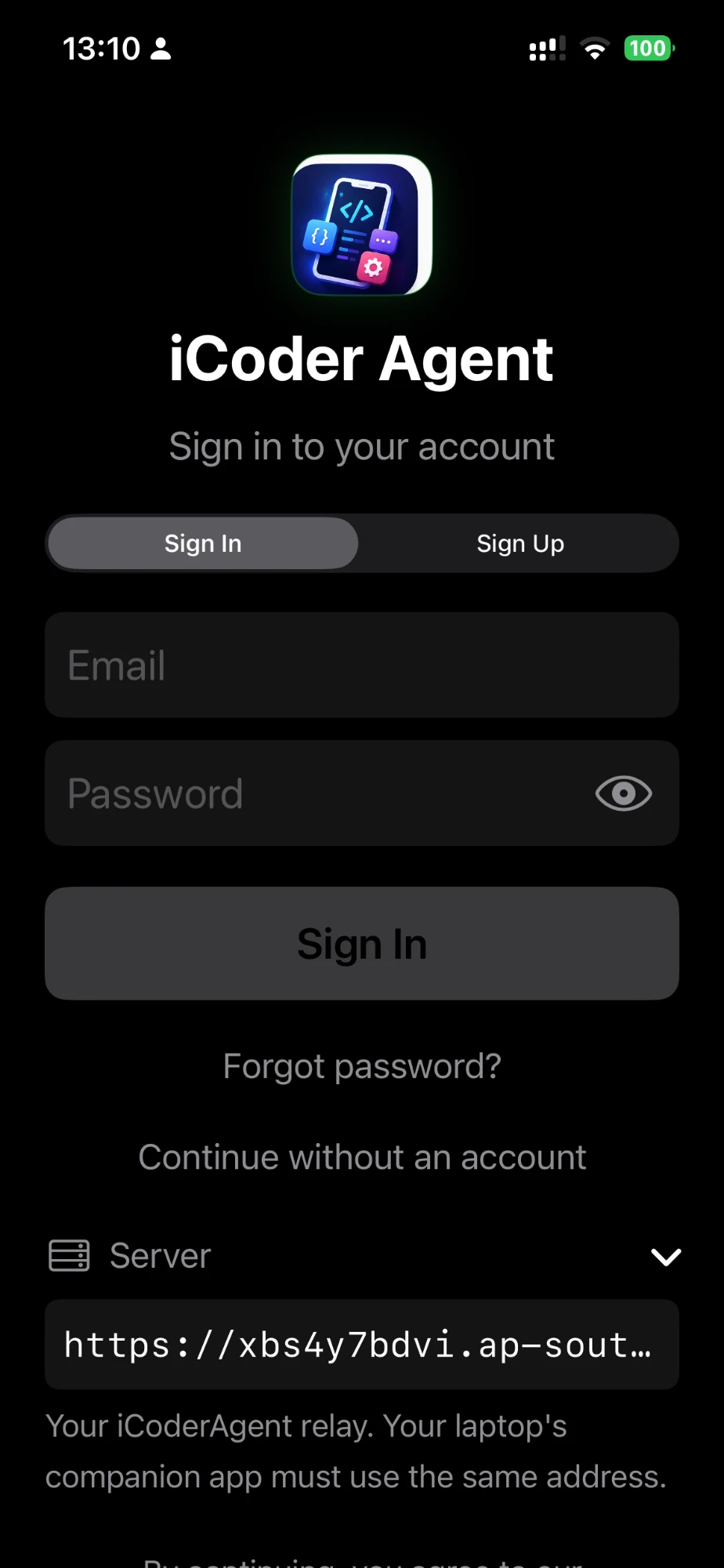 iCoderAgent Sign In screen with email, password and relay server fields