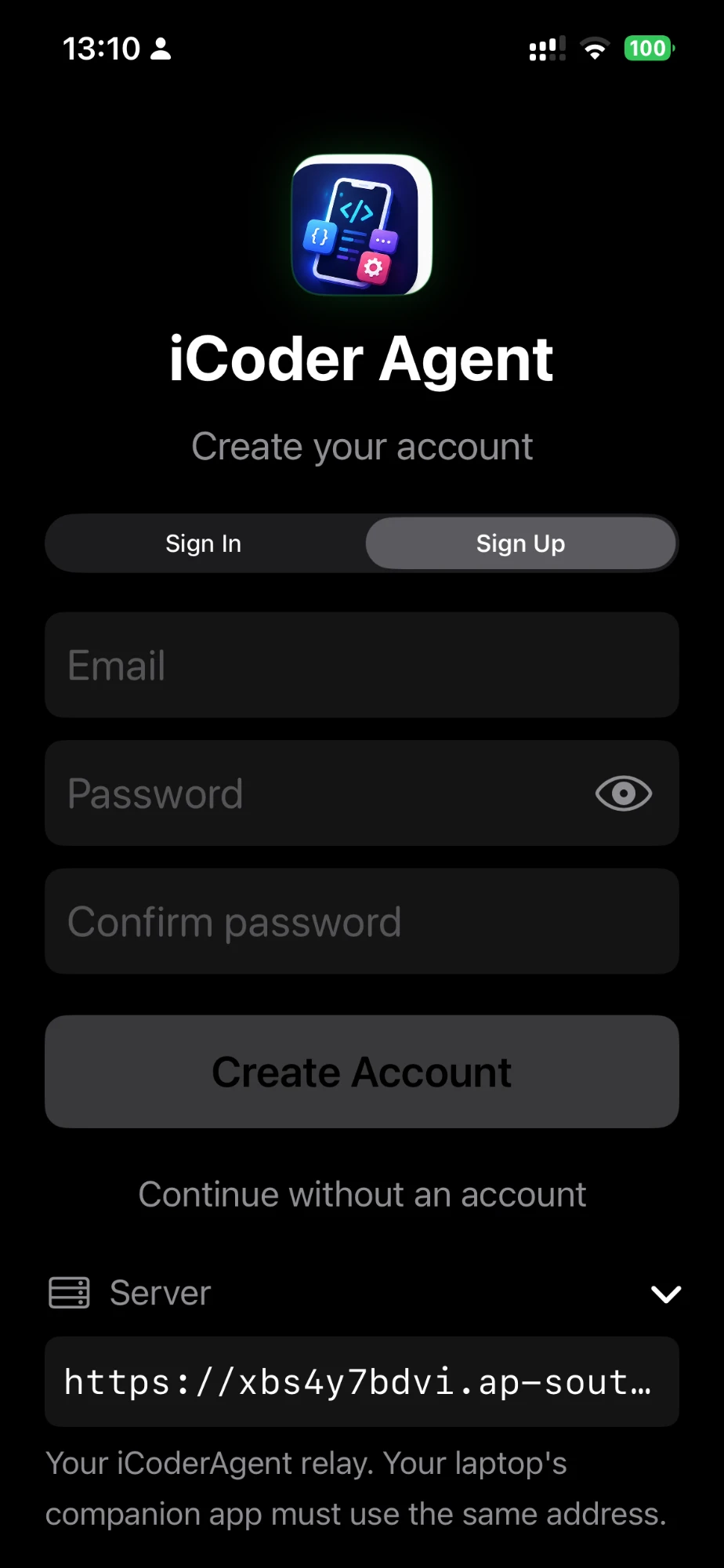 iCoderAgent Sign Up screen creating a new relay account