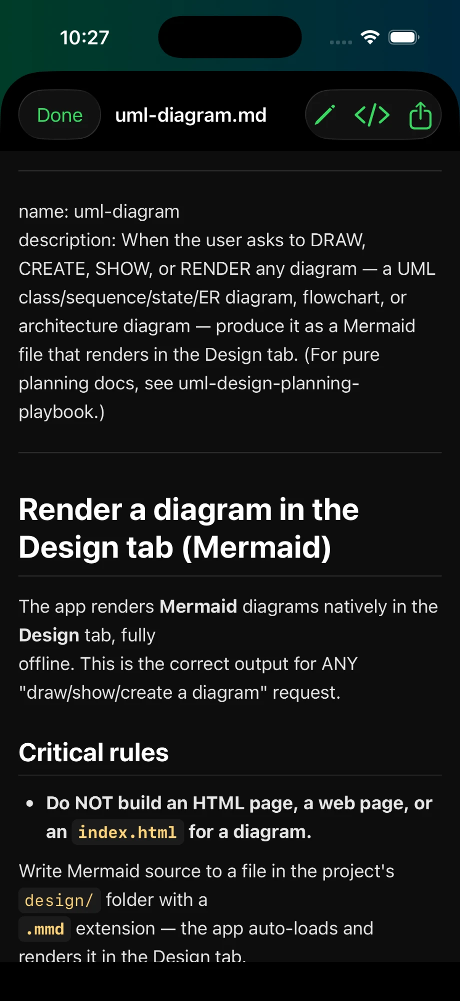 A skill's Markdown content — the uml-diagram playbook
