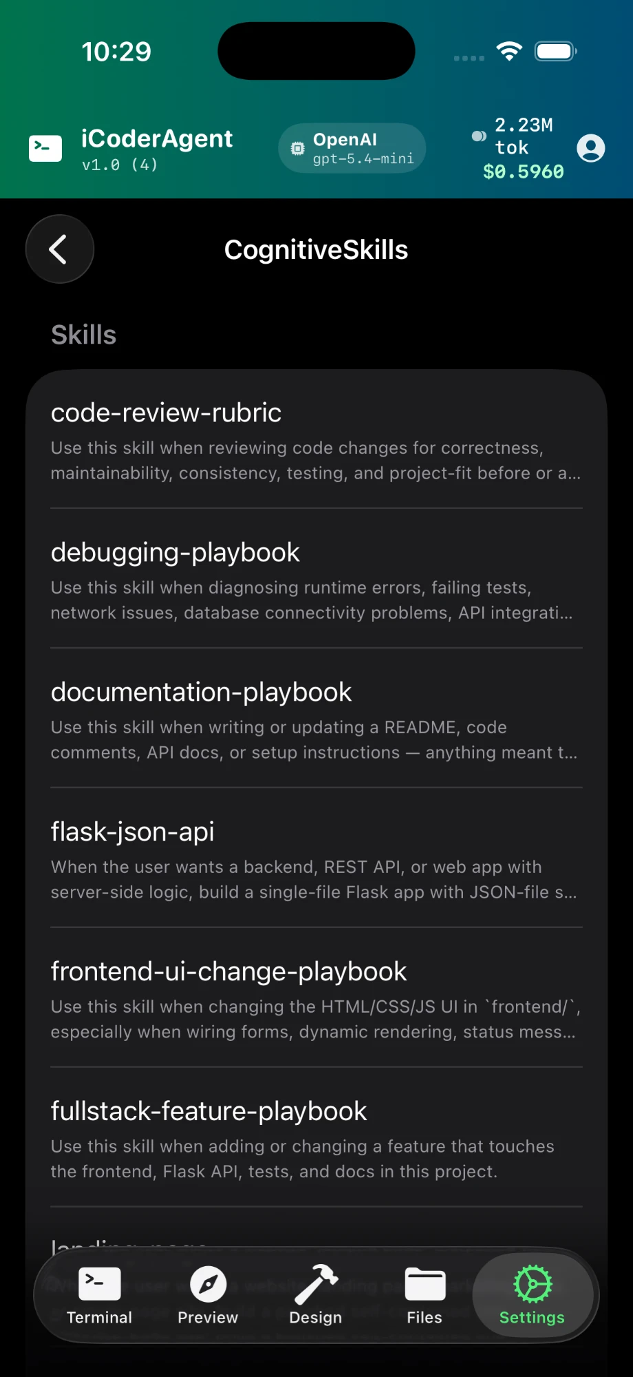 Settings — CognitiveSkills list with code-review-rubric, debugging-playbook and more