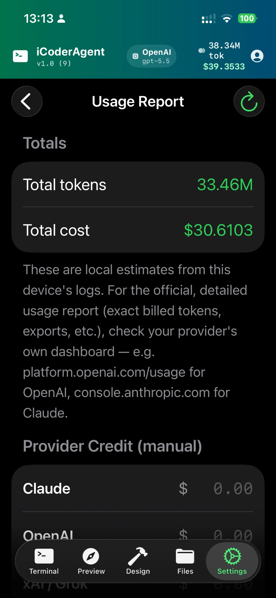 Usage Report screen showing total tokens and estimated cost